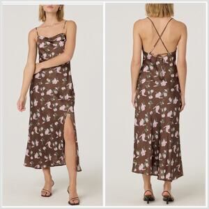 ASTR the Label Cowl Neck Midi Slip-Dress Medium Brown Pink Floral 90's NWT